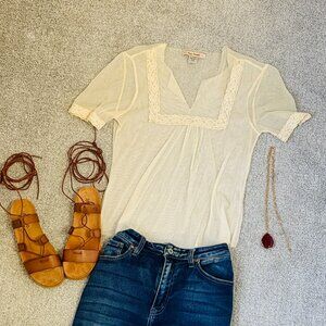 Free People Boho Ivory Mesh and Lace Short Sleeved Top Size Small